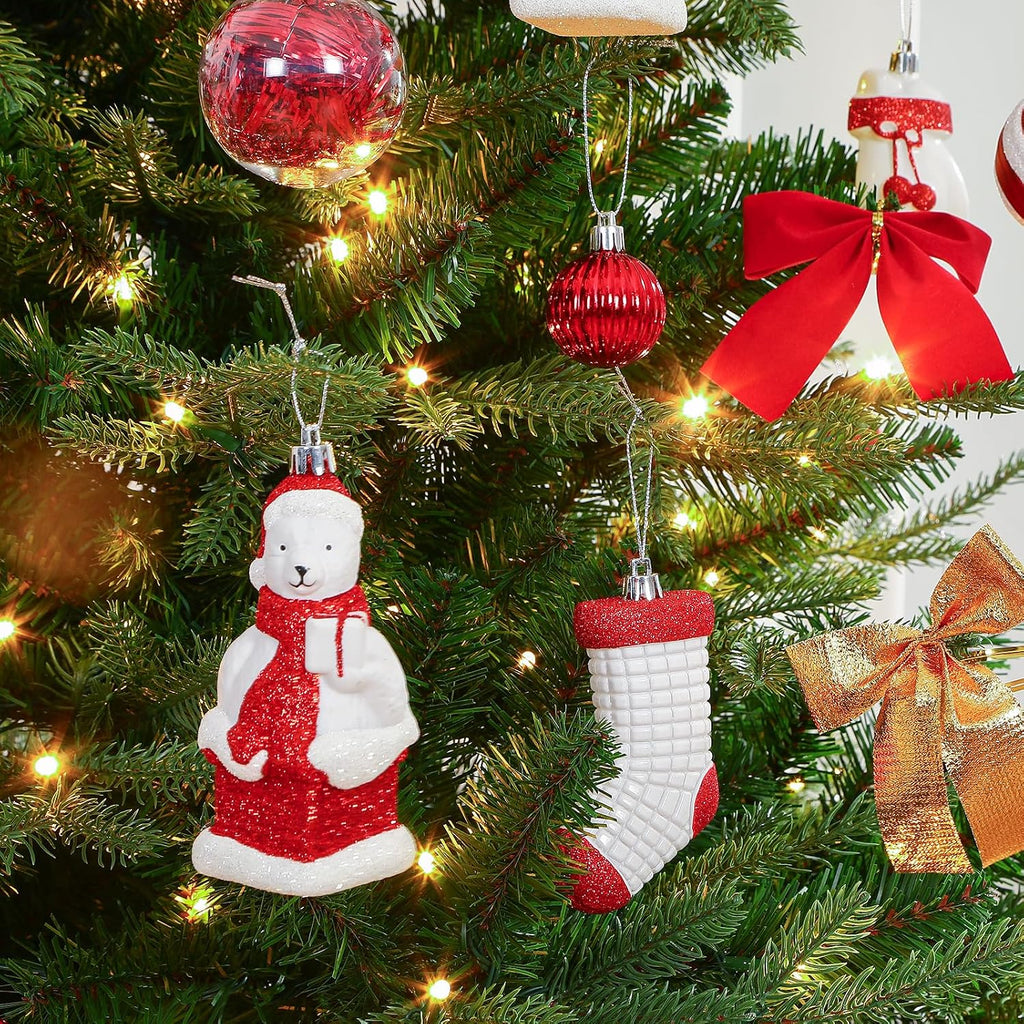 Alupssuc 112pcs Christmas Balls Ornaments Set, Shatterproof Plastic Baubles Christmas Penguin, Polar Bear for Xmas Tree Holiday Wedding Party Decorations with Hanging Strings, Red and White