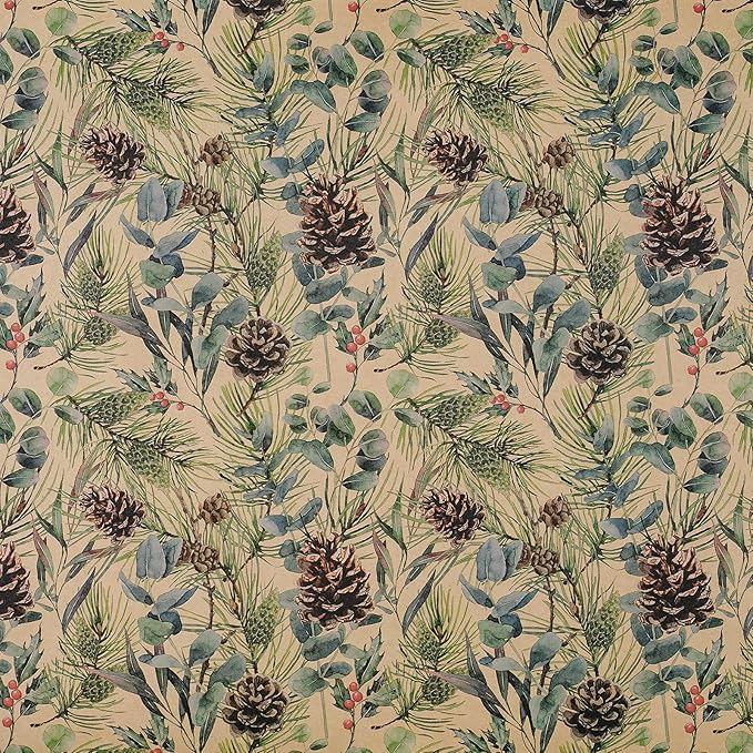 RUSPEPA 30" X 32.8' Kraft Christmas Wrapping Large Paper Roll, Jumbo Roll, Watercolor Pinecone and Eucalyptus Leaf Design, Kraft Gift Wrap for Christmas, Winter Holiday Party, Rustic Natural Theme