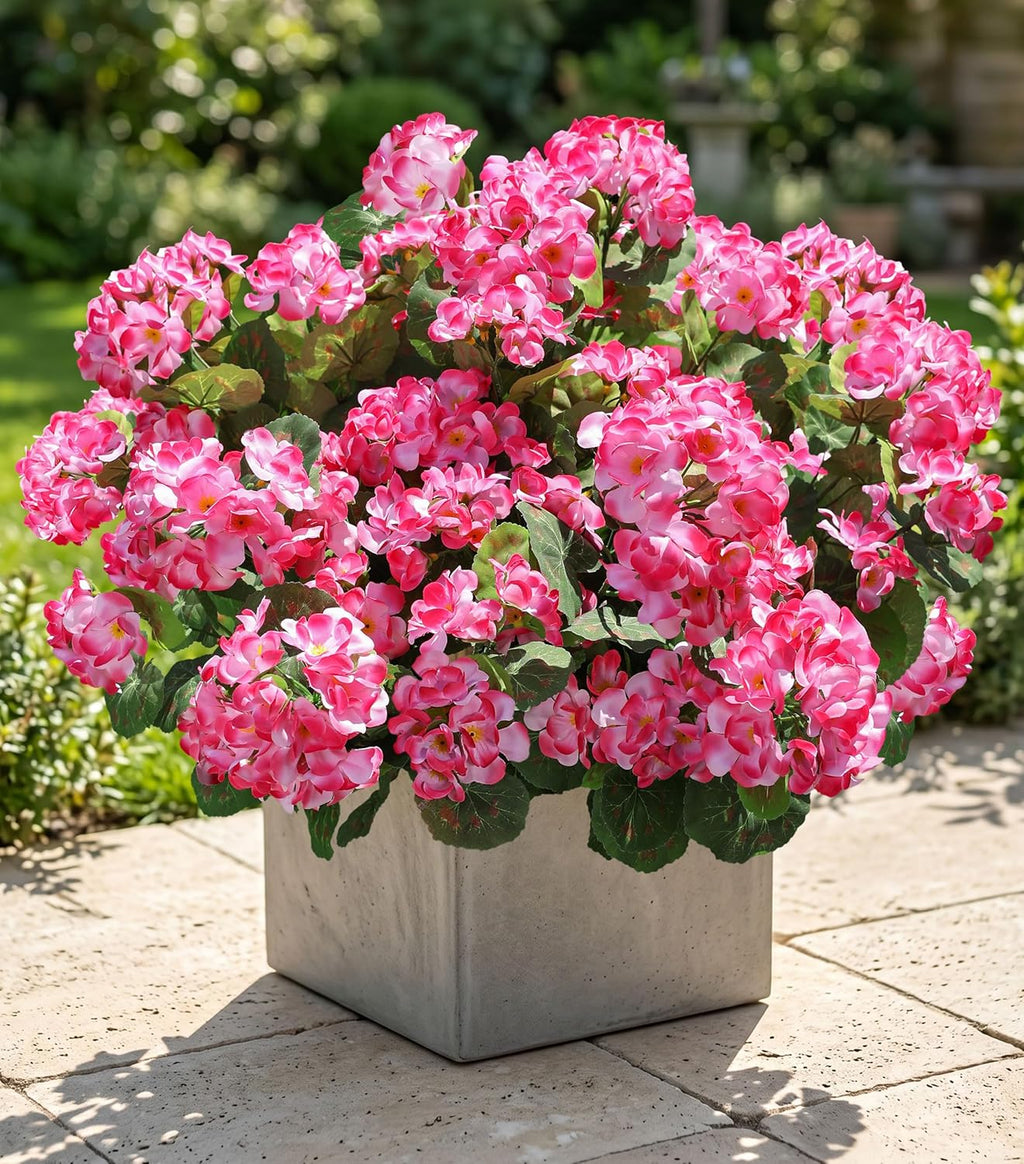 Artificial Geranium Fake Flowers for Outdoors Decoration, 6 Bundles Silk Geraniums Pink Flower UV Resistant Look Real Faux Plants for Outside Planter Front Door Garden Porch Patio Balcony Yard Home