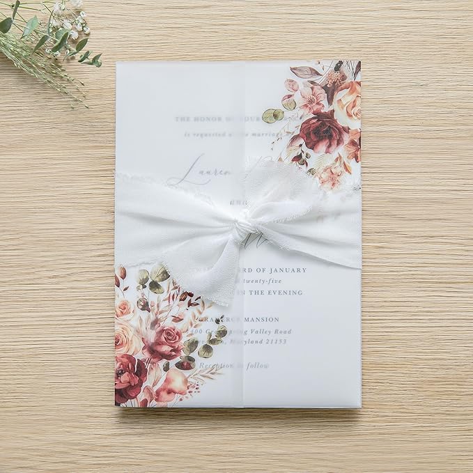 PONATIA 50PCS Vellum Jackets for 5x7 Invitation Cards- 135GSM Burnt Orange Floral Printed Vellum Sleeves, Quinceanera Wedding Invitation Cards Wraps, Transparent Christmas Gift Cards Jackets