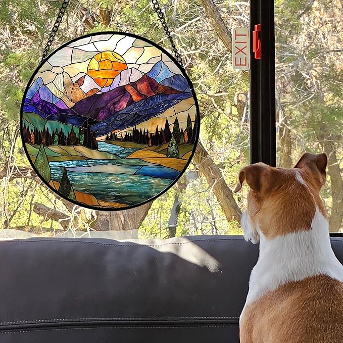 Stained Glass Window Hanging, Blue Lake Golden Sun Abstract Mountains Landscape Suncatcher for Doors Window Home Sun Catchers Decor Mother's Day Birthday Gifts for Women Men Mom 9.8 in