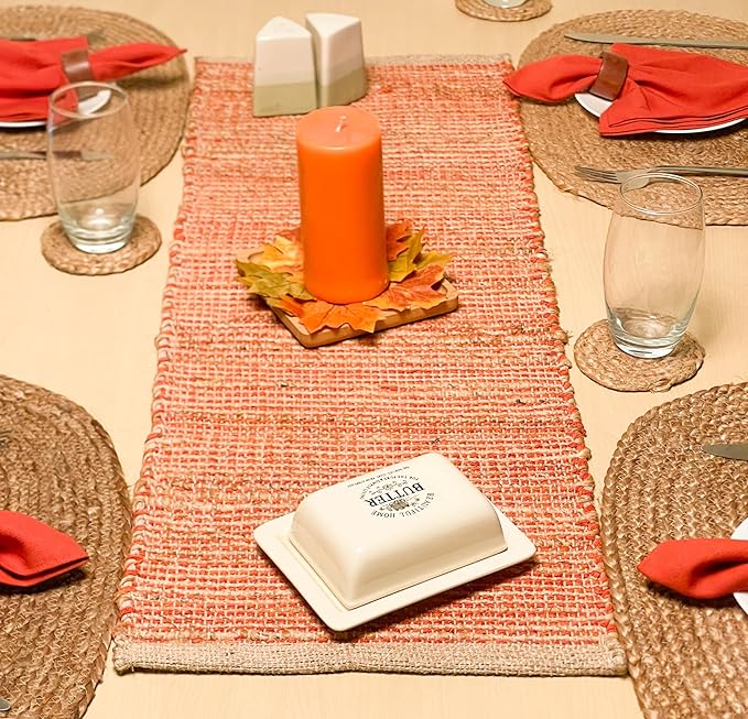 Chardin home Natural Jute Table Runner 13x36 Inch – Vintage Boho Rustic Table Decor – Handwoven Table Runner in Natural Jute and Rust Orange – Farmhouse Dining or Console Table Accent