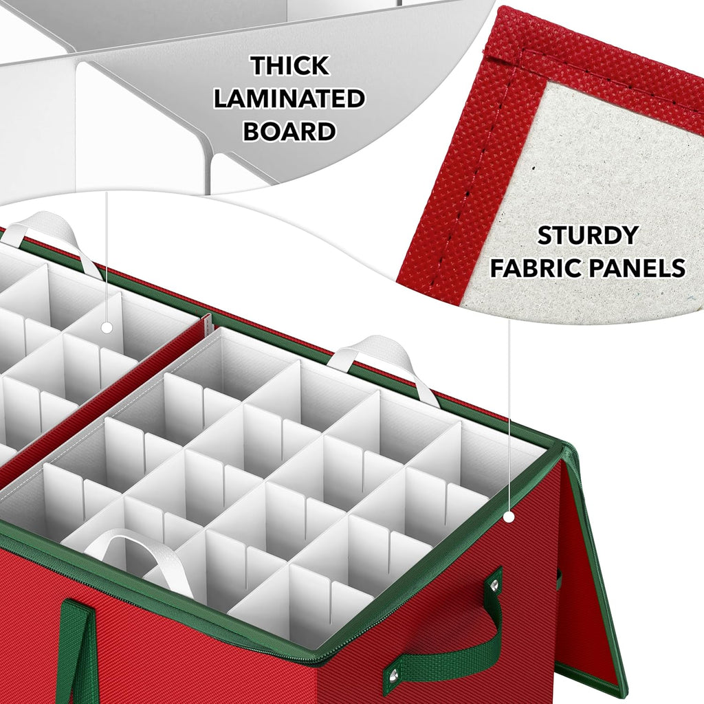 Simple Houseware Heavy-Duty Large Christmas Ornament Storage Box with Adjustable Dividers, Stores up to 128 Ornaments, Zipper Lid, Red