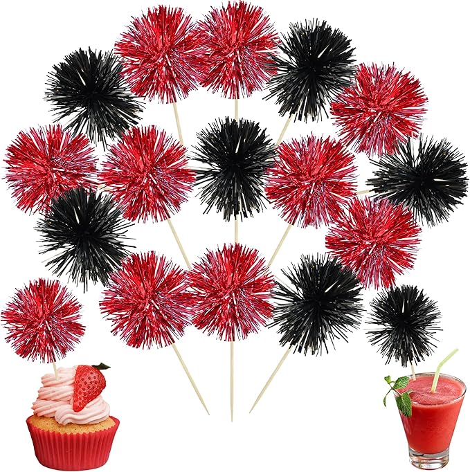Ephlyn 30Pcs Foil Firework Cupcake Toppers Party Birthday Cake Toppers Supplies Sparkle Tinsel Cocktail Fruit Toothpick for Birthday Wedding Graduation Party Supplies Black Red