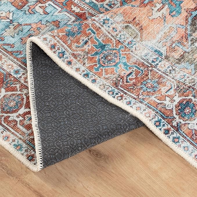 Bloom Rugs Washable Non-Slip 8' x 10' Rug - Coral/Sky Blue Traditional Medallion Area Rug for Living Room, Bedroom, Dining Room, and Kitchen - Exact Size: 8' x 10'