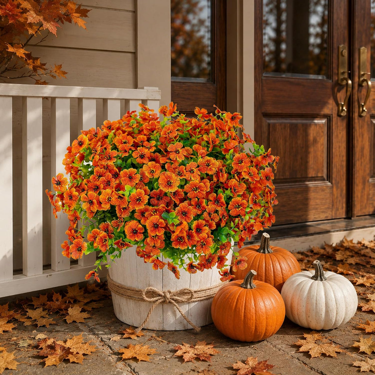 AXYLEX Artificial Mums for Outdoors Fake Fall Flowers Red Orange 16 Pack
