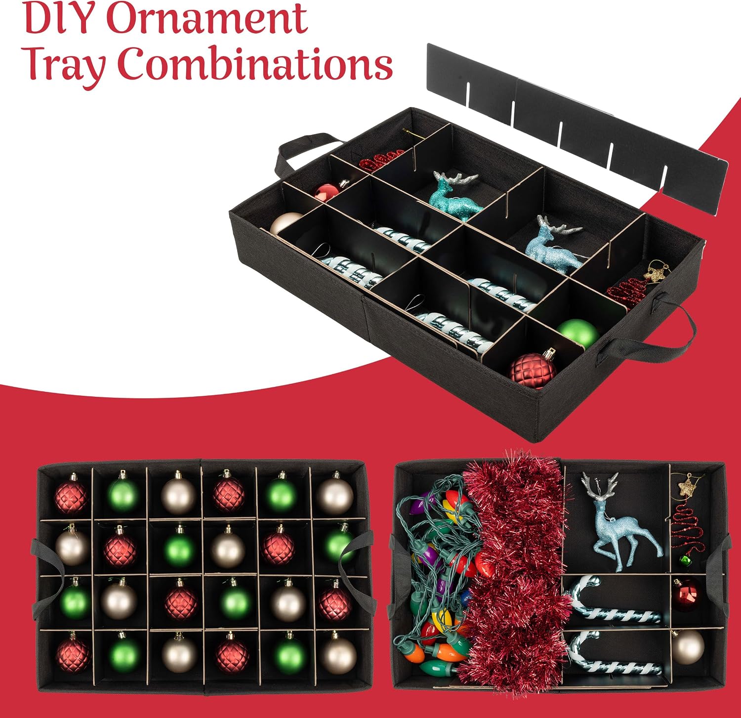 Christmas Ornament Storage Box - Christmas Ornament Organizer Storage Box with 3 Trays, Adjustable Grids, and Large Front Zipper Pocket - Fits up to 72 Bulbs and Decorations by Elf Stor (Red)