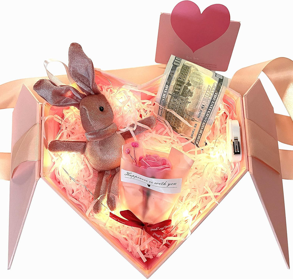Money Box for Cash Gift Pull Pink - Money Gift Box for Cash Gift Ideas-Love Box with Money Pull Out KIT & Automatic ON/Off String Light - Birthday Money Pull Box Surprise Money Box. (Pack of 2)
