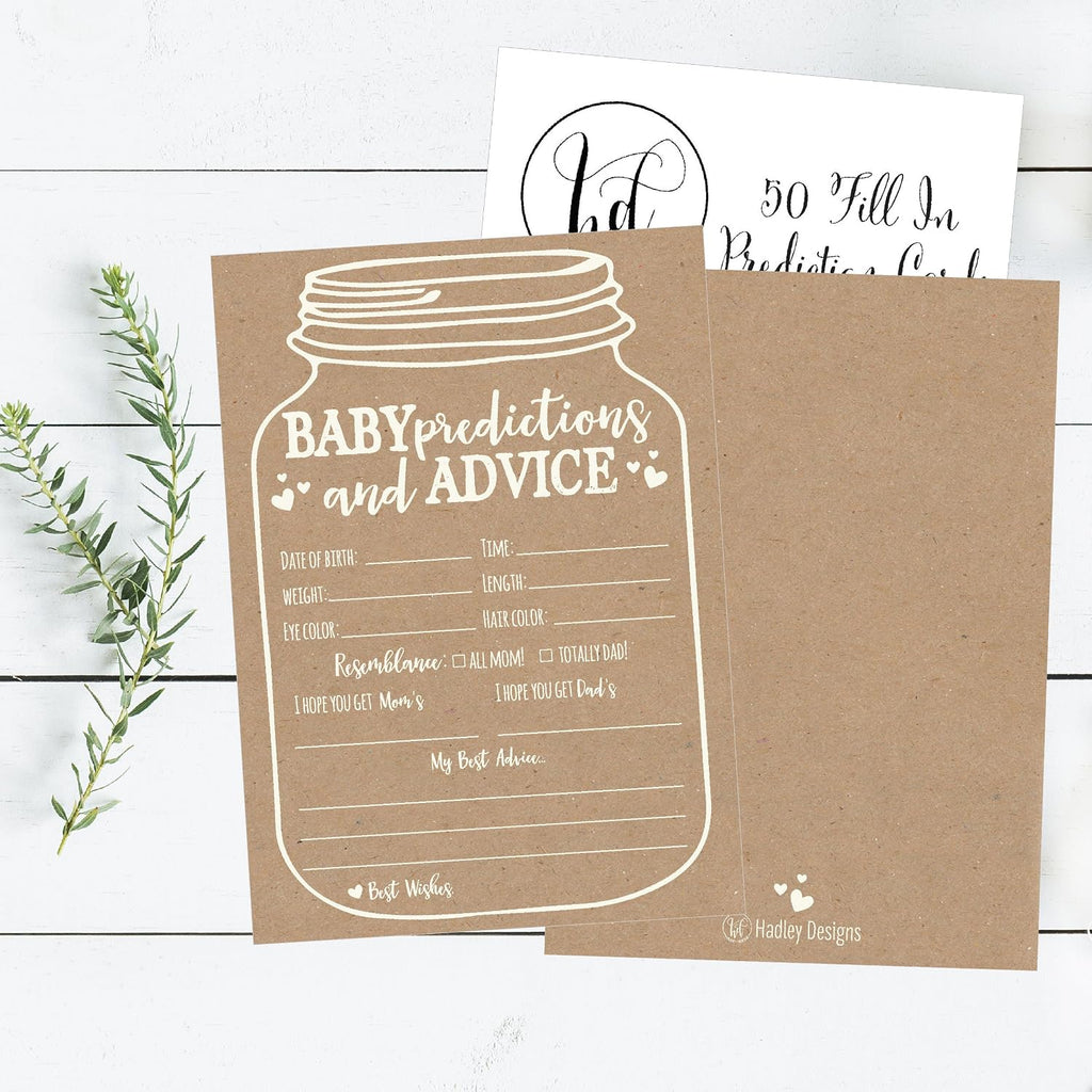Hadley Designs Baby Shower Games for 25 Guests - Kraft Prediction Cards for Baby Shower Advice Cards for New Parents, Boy Girl Gender Neutral Mason Jar Gender Reveal Games, Made in USA