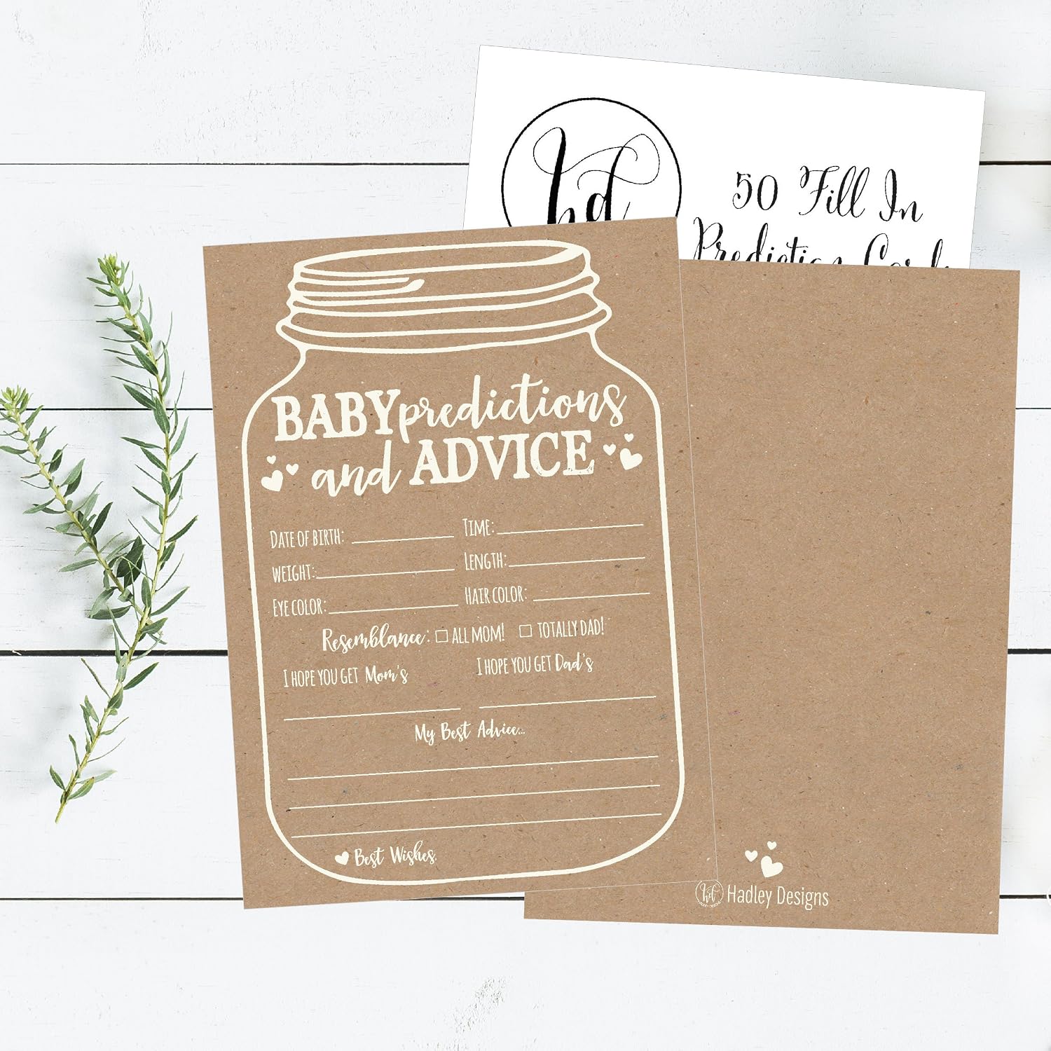 Hadley Designs Baby Shower Games for 25 Guests - Kraft Prediction Cards for Baby Shower Advice Cards for New Parents, Boy Girl Gender Neutral Mason Jar Gender Reveal Games, Made in USA