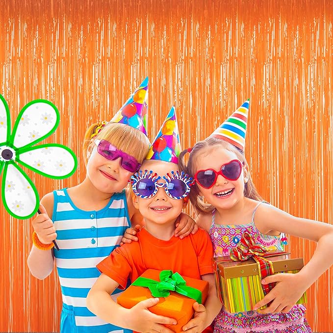 BTSD-home Orange Foil Fringe Curtain, Metallic Photo Booth Backdrop Tinsel Door Curtains for Wedding Birthday Bridal Shower Baby Shower Bachelorette Christmas Party Decorations(4 Pack, 8ft x 3ft)