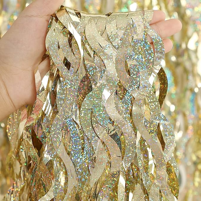 Champagne Gold Foil Fringe Backdrop - CYLMFC 3 Pack 3.3 ft x 6.6 ft Sparkle Tinsel Foil Fringe Backdrop Curtains for Birthday Anniversary Retirement Party Decorations