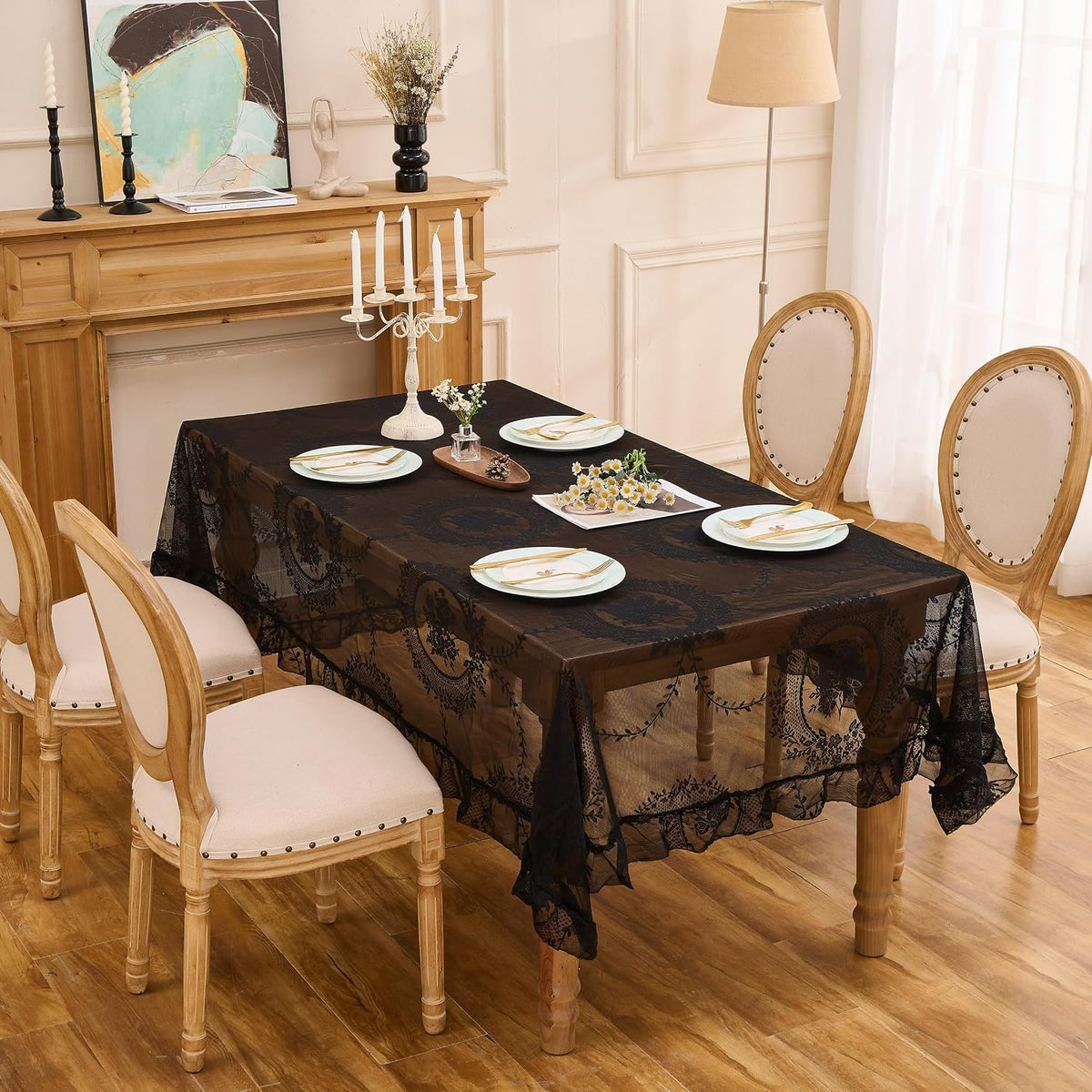 Black Lace Tablecloth Vintage Table Cloth(Black,95”x55”,Rectangular)