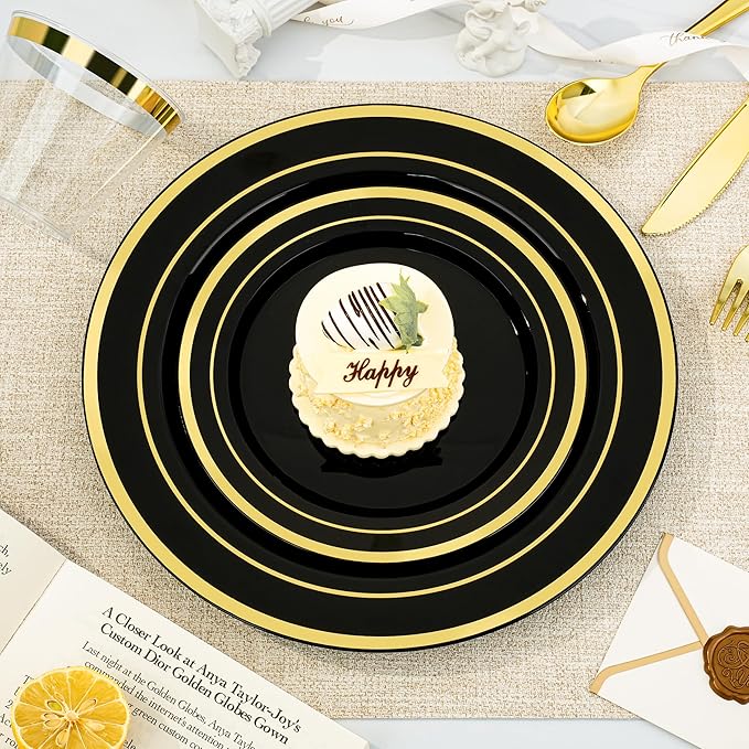 BESTVIP 300PCS Black Gold Dinnerware Set for 50 Guests, Plastic Plates for Halloween Party and Christmas, 50 Disposable Plates, 50 Dessert Plates, 50 Cups, 50 Spoons, 50 Forks and 50 Knives