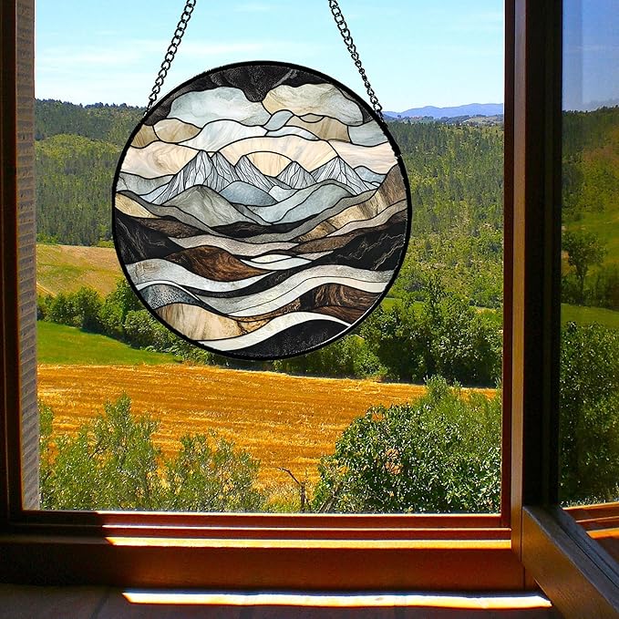 Stained Glass Window Hanging - Grey Mountains Landscape Suncatcher for Doors Garden Patio Retro Sun Catchers Decor Christmas Mother's Day Birthday Gifts for Women Men Mom Nana Friend 11.8 in