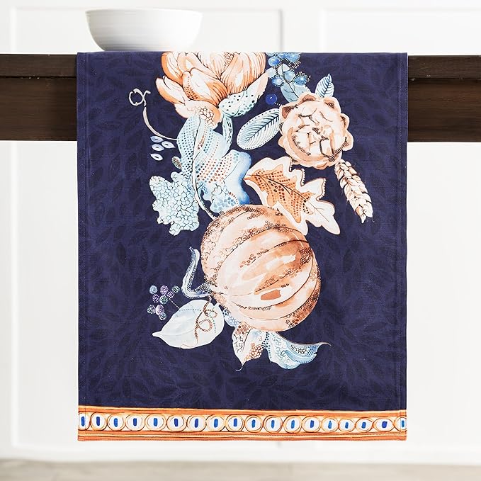 Maison d' Hermine Table Runner 100% Cotton Double Layer Table Runners 108 inches Long for Thanksgiving Christmas Decorations Home Kitchen Dining Party Wedding (Pumpkin Blues, 14.5" x 108")