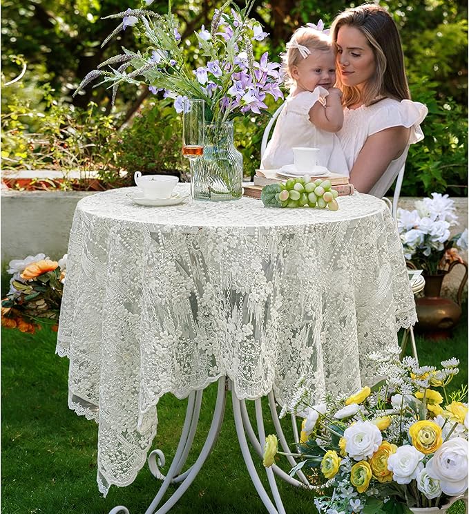 Lace Embroidered Tablecloth. Square Lace Vintage Tablecloth Dustproof Table Protector for Kitchen Dining Room Party Banquet Home Picnic Wedding Decoration (Creamy White 35.5×35.5 inch)