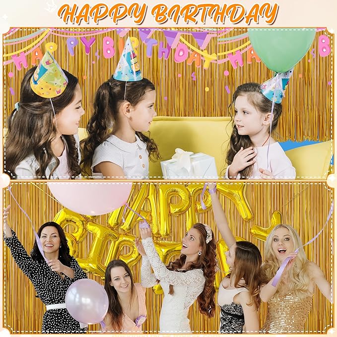 Crosize 4 Pack 3.3 x 9.9 ft Gold Foil Fringe Curtains Party Decorations, Gold Tinsel Curtain Backdrop for Parties, Door Streamers, Glitter Streamer Fringe Backdrop for Birthday Decoration