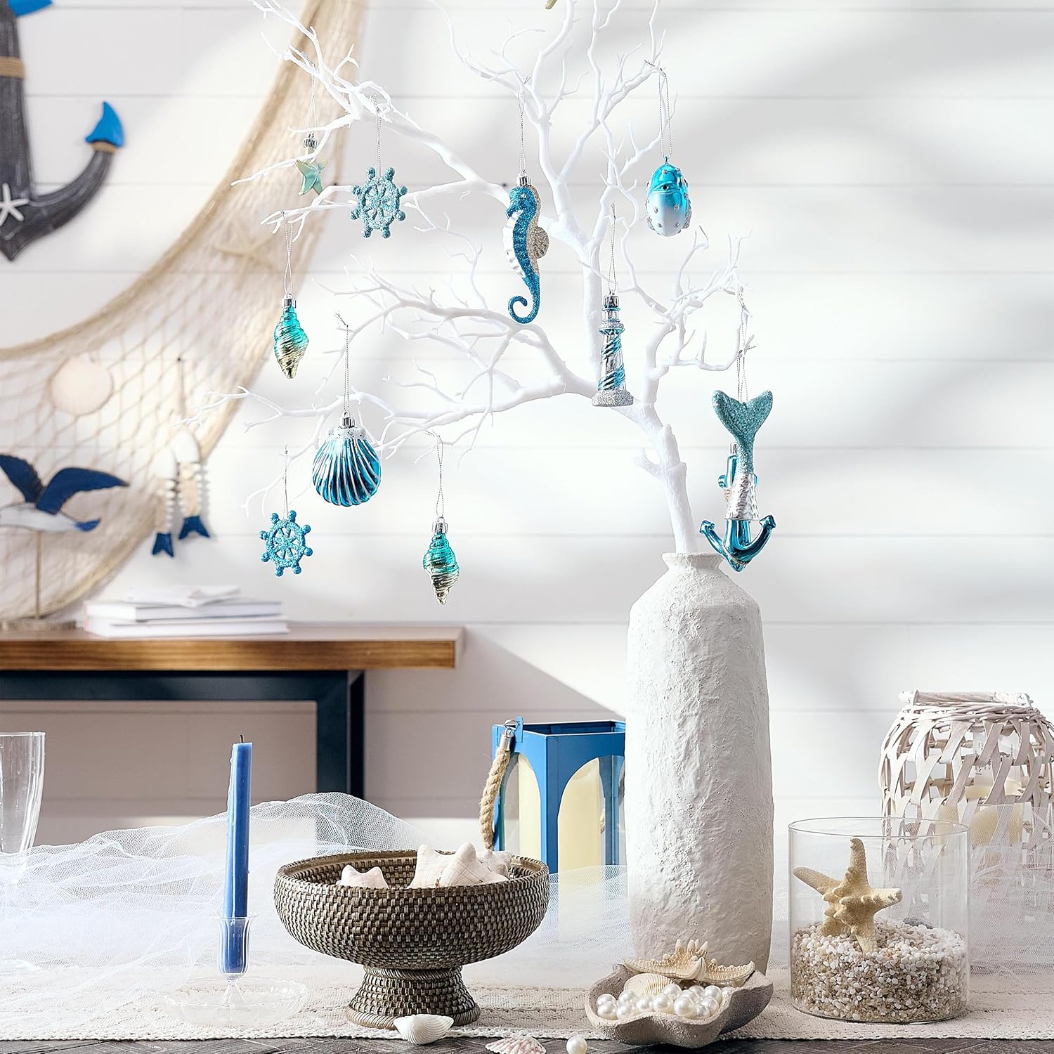 Valery Madelyn 12ct Summer Tree Ornaments Christmas in July Decorations | Teal Aqua Light Blue Silver Shatterproof Beach Coastal Ocean Themed Nautical Marine Seahorse Hanging Balls for Tropical Party
