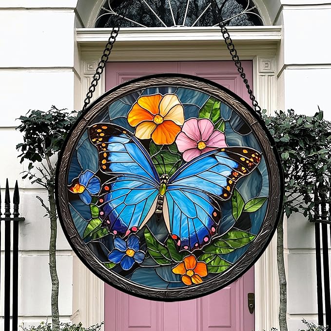 Stained Glass Window Hanging, Blue Butterfly Flower Suncatcher for Doors Home Sun Catchers Decoration and Christmas, Mother's Day Birthday Gifts for Women, Men, and Mom 7.8 in
