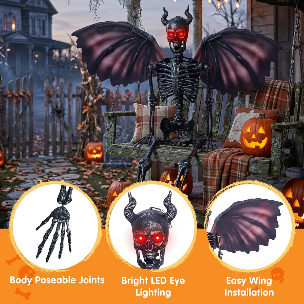 JOYIN 5FT Halloween Devil Skeleton Decor, Posable Life Size Skeleton, Full Bo...