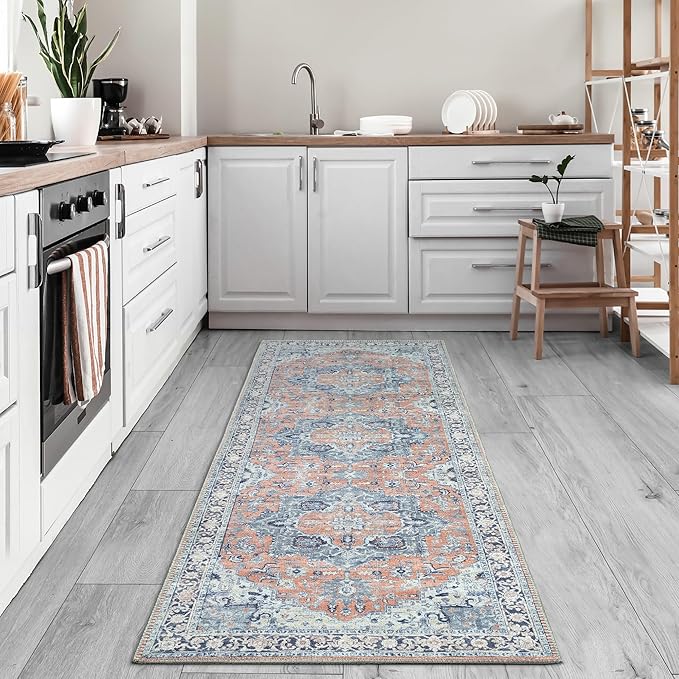 Bloom Rugs Washable Non-Slip 7 ft Runner - Coral/Blue Traditional Medallion Runner for Entryway, Hallway, Bathroom, and Kitchen - Exact Size: 2.5' x 7'