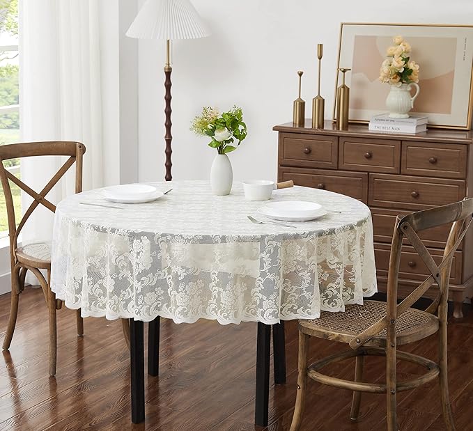 LinenZone Extra Large Ivory Round Tablecloth for Rustic Vintage Decor. Sheer Lace Table Cloth Works Great As Wedding Tablecloth or Thanksgiving Table Cover. (Mia 120 Round, Ivory)