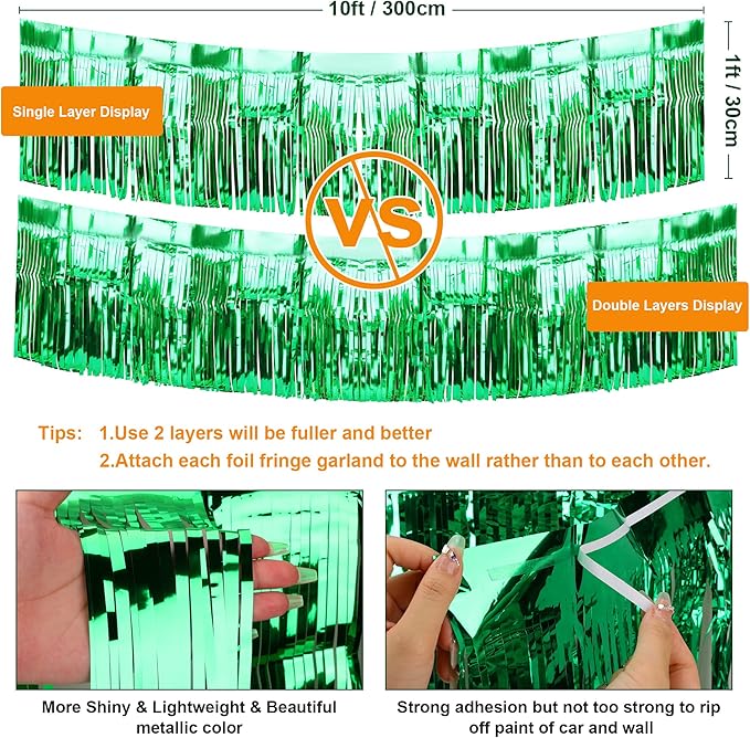 4 Pack Float Fringe Curtains, Metallic Foil Fringe Garland Shiny Tassel Foil Float Parade Float Decorations for Trailer Car Graduation Homecoming Outdoor Indoor St Patrick's Party (Green)