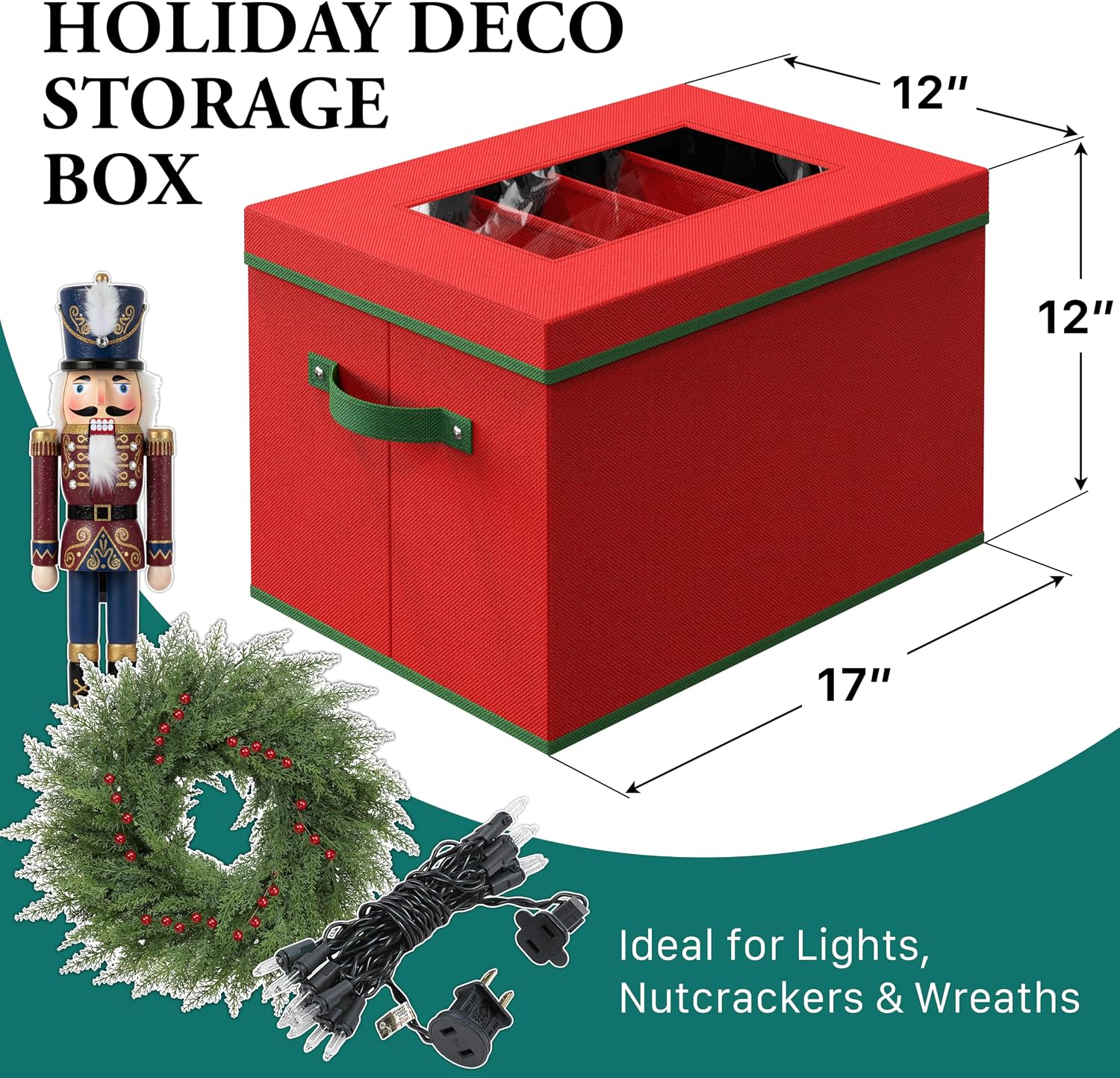 Simple Houseware Heavy-Duty Christmas Ornament Organizer Bin with 6 Padded Wraps, Adjustable Dividers for 12-inch Nutcrackers & Holiday Decorations, Clear Window