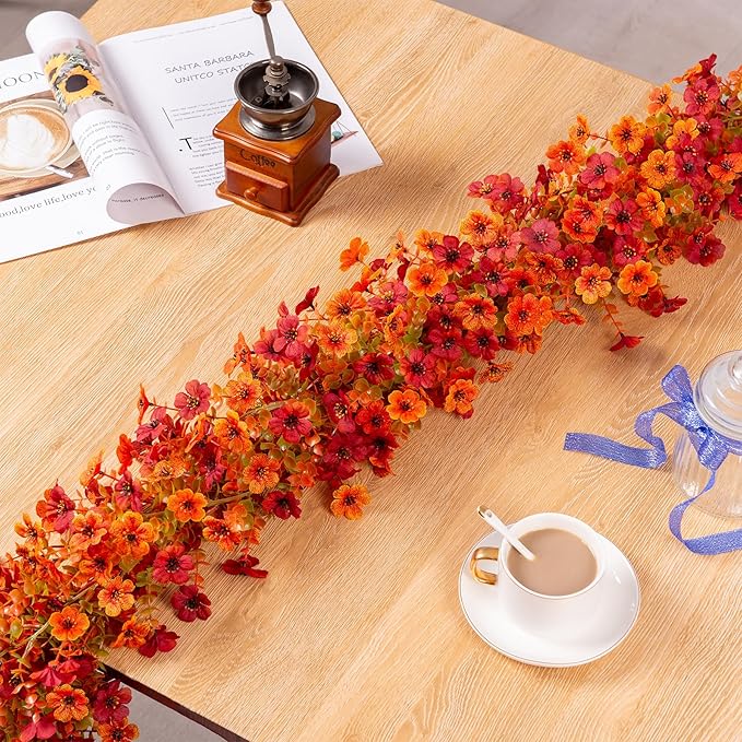 Fall Mums Flowers Artificial Garland for Decoration, 4 Pack 5.9 FT Faux Mums with Eucalyptus Leaves Ivy, UV Resistant Fake Fall Daisy Floral Vine Flowers for Home Garden Wedding Backdrop Decor