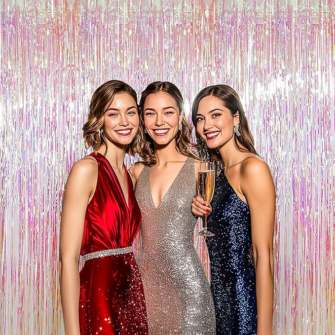 BTSD-home 4 Pack Iridescent Backdrop Transparent Clear Foil Fringe Curtain, Metallic Photo Booth Tinsel for Mermaid Frozen ERAS Wedding Birthday Baby Shower Bachelorette Party Decorations(8ft x 3ft)