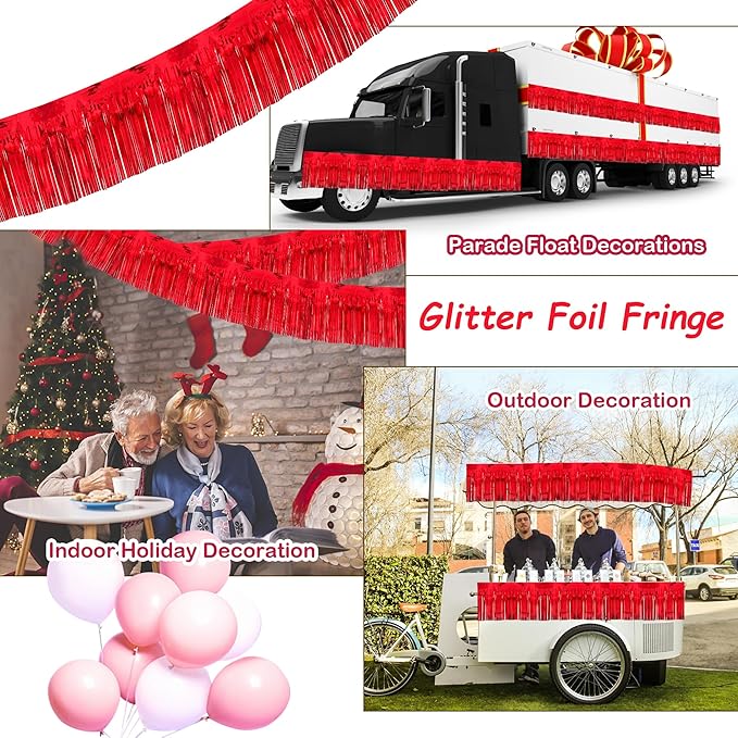 4 Pack 10 Feet Glitter Red Parade Float Decorations for Trailer Car, Glitter Foil Fringe Metallic Tinsel Streamers Banner Garland for Graduation Weeding Homecoming Birthday Party (Glitter- Red)
