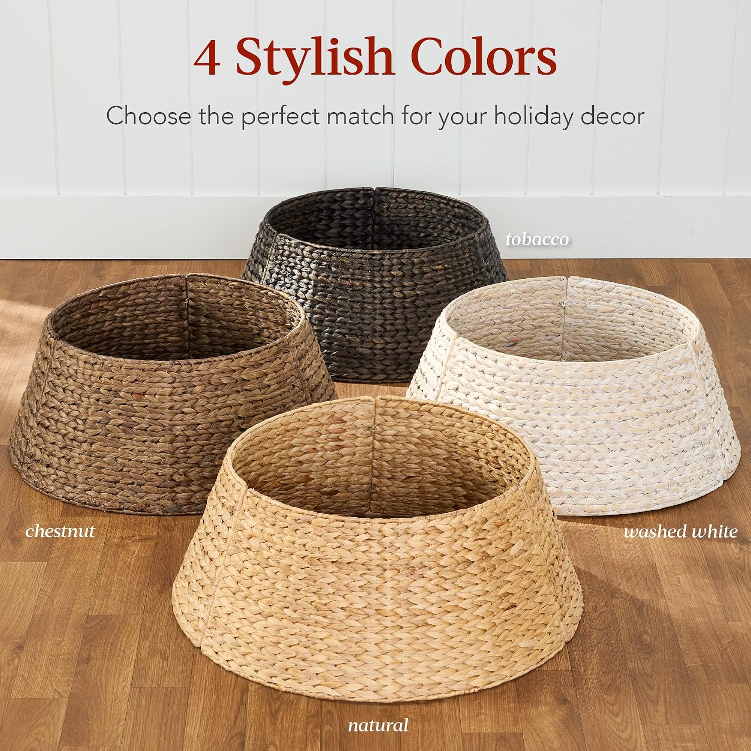 Best Choice Products 42in Christmas Tree Collar, Woven Hyacinth 4-Piece Holiday Rattan Tree Skirt Accessory for Home w/Cord Cut-Out - Chestnut