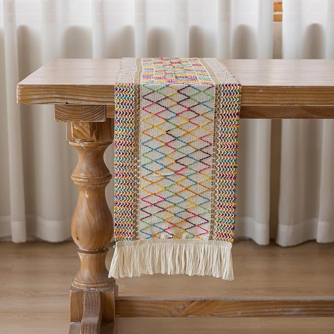 Boho Table Runner Colorful for Home Decor 12x48 Inches Farmhouse Macrame Burlap Jute Rustic Dining Kitchen Centerpiece Bohemian Decor French Country Baby Bridal Shower Decorations