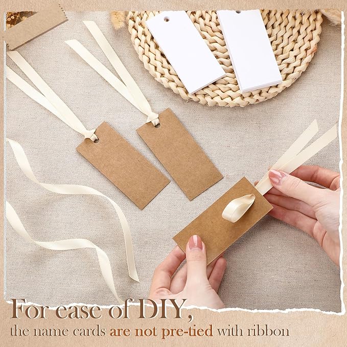 50 Pcs Name Place Cards for Table Setting Blank Wedding Place Cards with Satin Ribbon 1.57 x 3.54 Inch Hanging Gift Tags for Wedding Dinner Banquet Party Table Setting Supplies (Kraft)