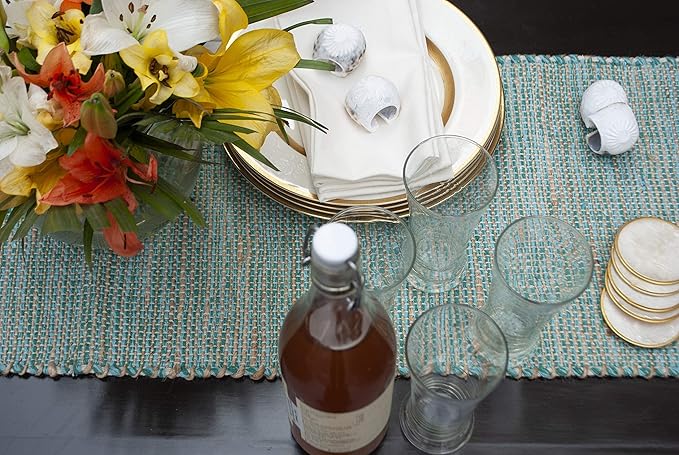 Chardin home Natural Jute Table Runner 13x108 Inch – Vintage Boho Rustic Table Decor – Handwoven Long Table Runner in Natural Jute and Aqua Turquoise – Farmhouse Dining or Console Table Accent