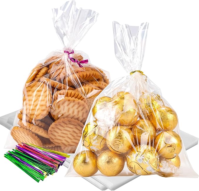 LOKIQNG Cellophane Bags Plastic Treat Bag Clear Cookie Candy Bags with Twist Ties for Party Favor Bag(200 Pack, 5x7inch)