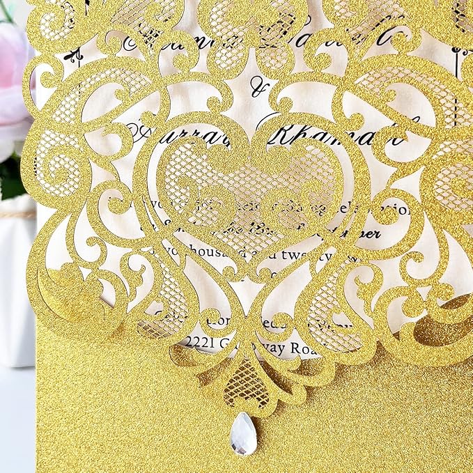 Hosmsua 50PCS Blank Wedding Invitation Cards 5 x 7.3 Inch Gold Laser Cut Hollow Heart Floral Invitation with Rhinestone pockets invitations for Engagement Quinceanera Invite (Gold Glitter)