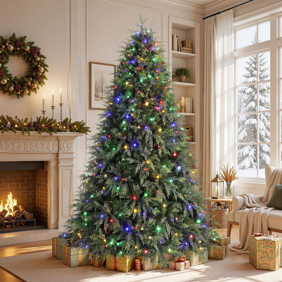 shareconn 7ft prelit artificial cypress christmas tree, dual, front angle view