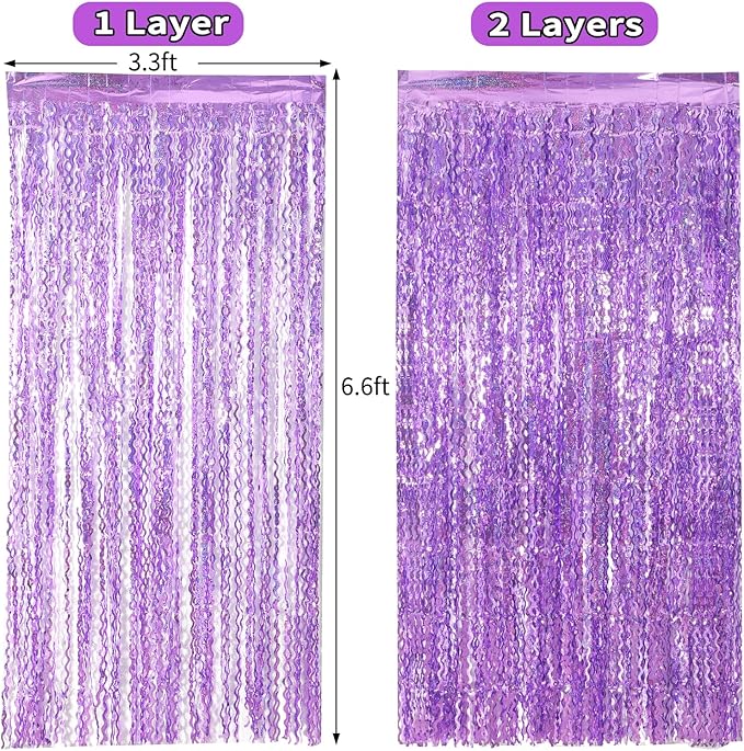 4 Pack Sparkle Wavy Purple Tinsel Curtain Party Backdrop - 3.3X6.6ft Foil Fringe Curtain Party Photo Booth Streamers for Mermaid Euphoria Themed Decorations