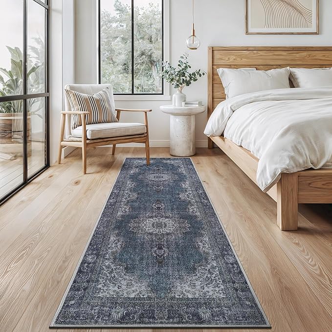 Bloom Rugs Washable Non-Slip 12 ft Runner - Dark Teal Traditional Medallion Runner for Entryway, Hallway, Bathroom, and Kitchen - Exact Size: 2.5' x 12'