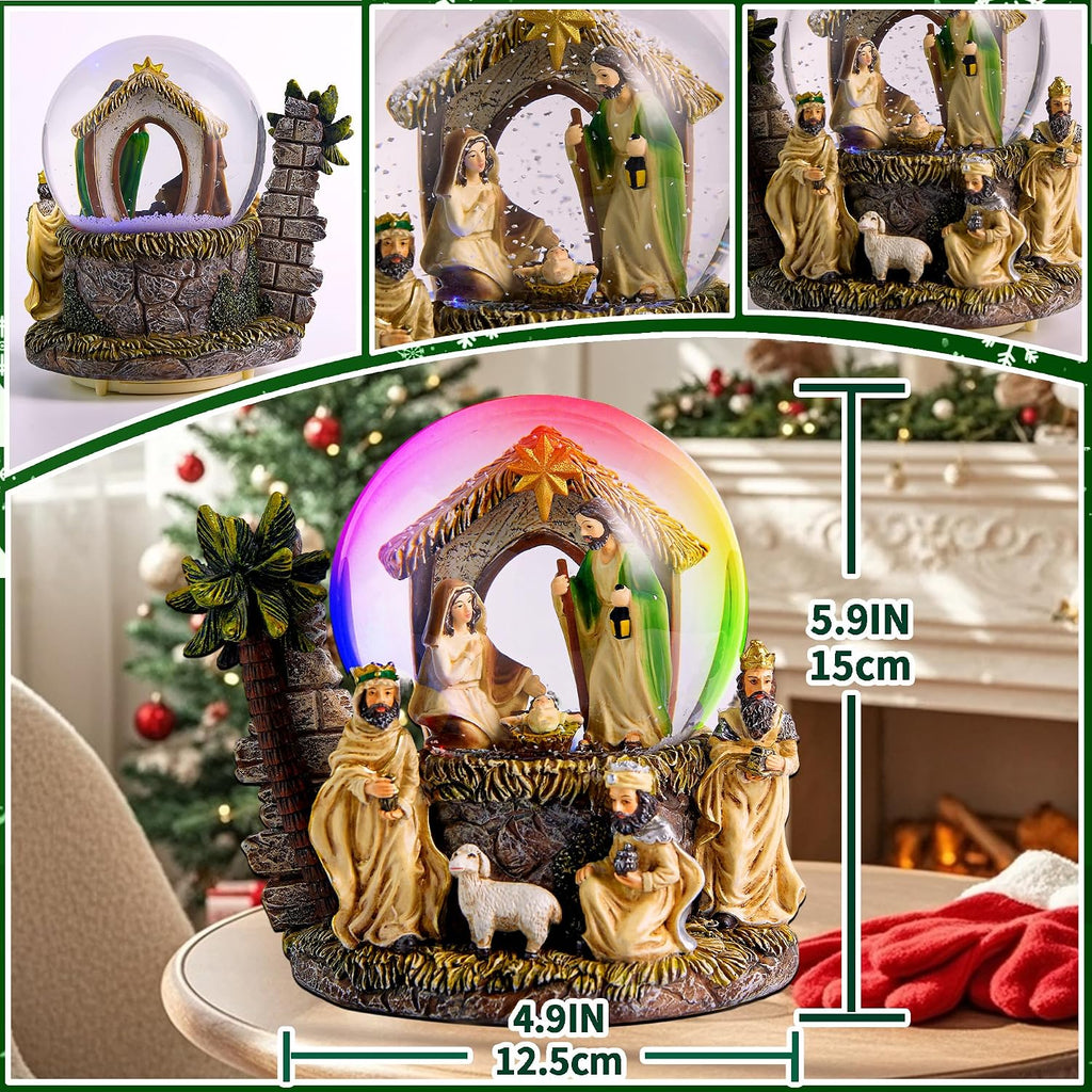 Nativity Christmas Snow Globe Lantern, Musical Snow Globe with Lighted Nativity Scene, Large Snow Globe for Christmas Decorations Indoor for Home