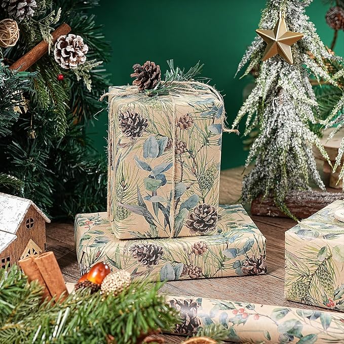 RUSPEPA 30" X 100' Kraft Christmas Wrapping Large Paper Roll, Jumbo Roll, Watercolor Pinecone and Eucalyptus Leaf Design, Kraft Gift Wrap for Christmas, Winter Holiday Party, Rustic Natural Theme