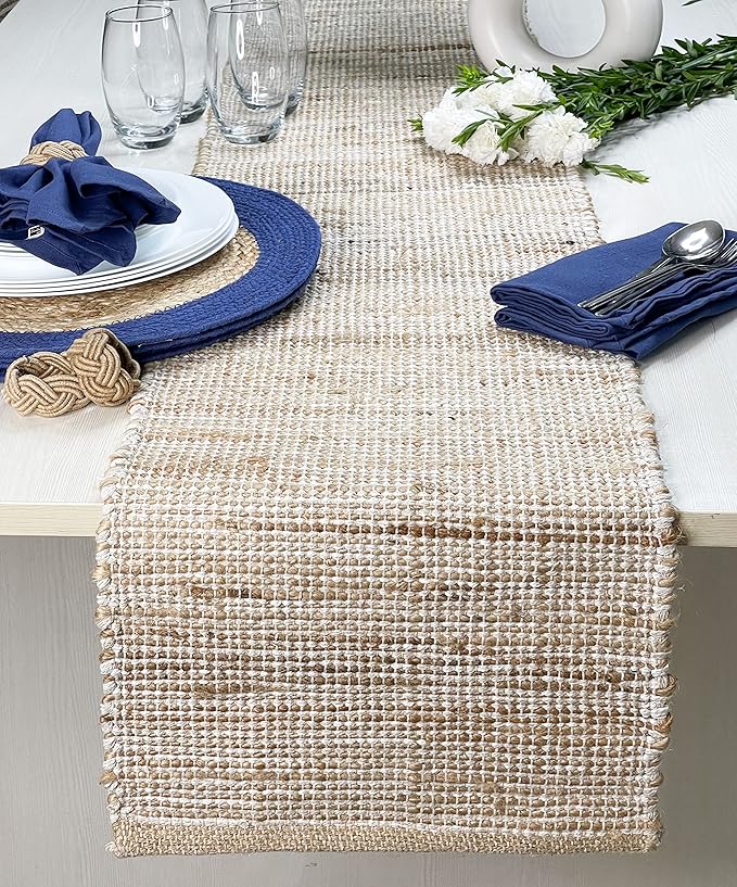 Chardin home Natural Jute Table Runner 13x108 Inch – Vintage Boho Rustic Table Decor – Handwoven Long Table Runner in Natural Jute and Ivory – Farmhouse Dining or Console Table Accent