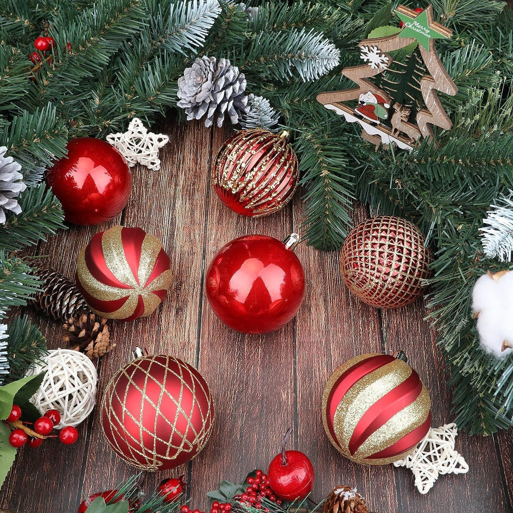 SHareconn 80mm Christmas Balls Ornaments,12PCS Colored Shatterproof Plastic Decorative Hanging Tree Decorations Baubles Set for Xmas Tree Decor Holiday Party Wedding Decoration with Lanyard,Red & Gold