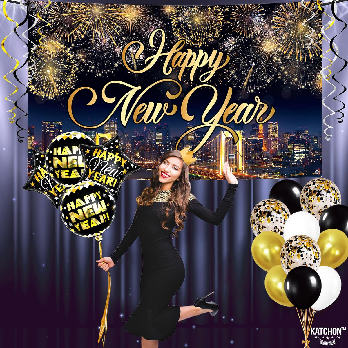 katchon new years eve party supplies set, pack, side view
