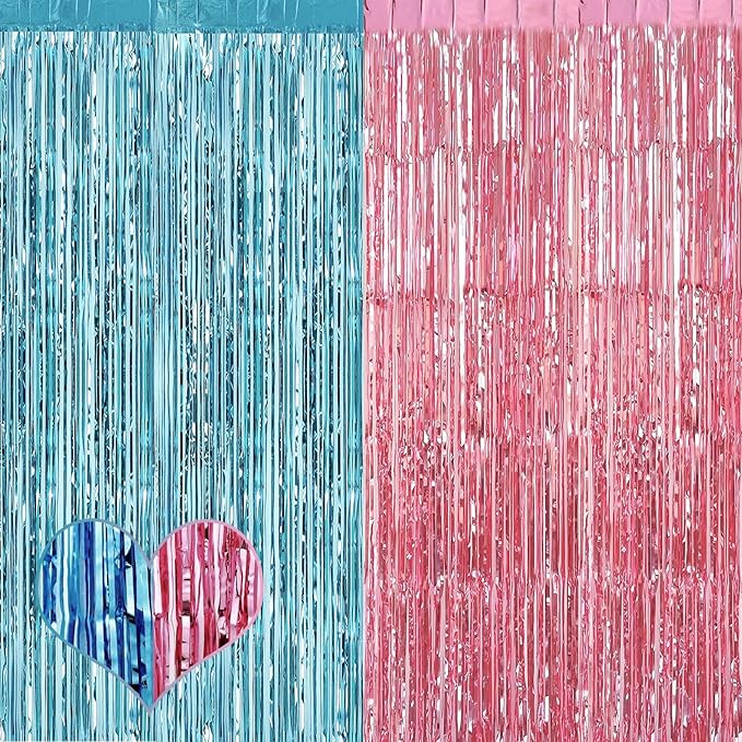 4 Pack 3.2Ft x 6.6Ft Pink Blue Fringe Curtain Backdrop, Metallic Tinsel Foil Fringe Streamers Curtains Background for Photo Booth Wedding Gender Reveal Backdrop Boy or Girl Birthday Party Decoration