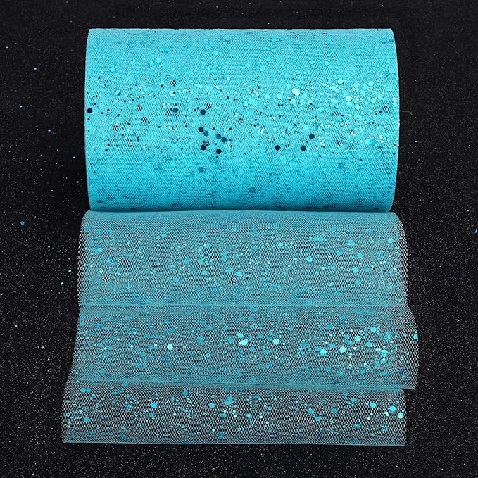 Glitter Tulle Rolls, 6” by 50 Yards (150FT) Sparkling Tulle Spool Ribbon Sequin Tulle Netting Fabric for Tutu Skirt Wedding Birthday Baby Shower (Light Blue)