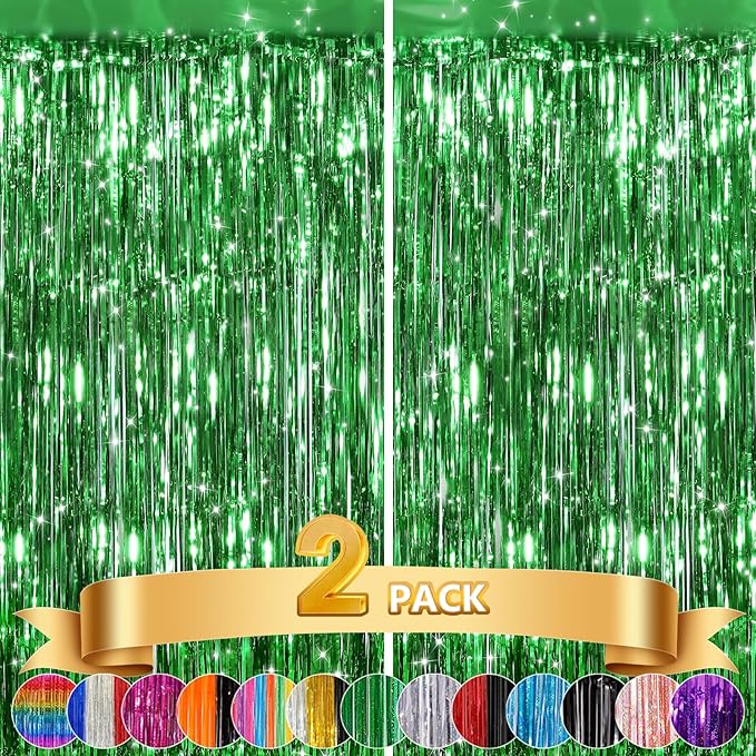 2 Pack Green Streamers Backdrop Jungle Party Decorations Green Foil Fringe Backdrop Curtains Photo Booth Backdrop for Birthday Dinosaur Animal St Patrick's Day Football Xmas Graduation Party Decors