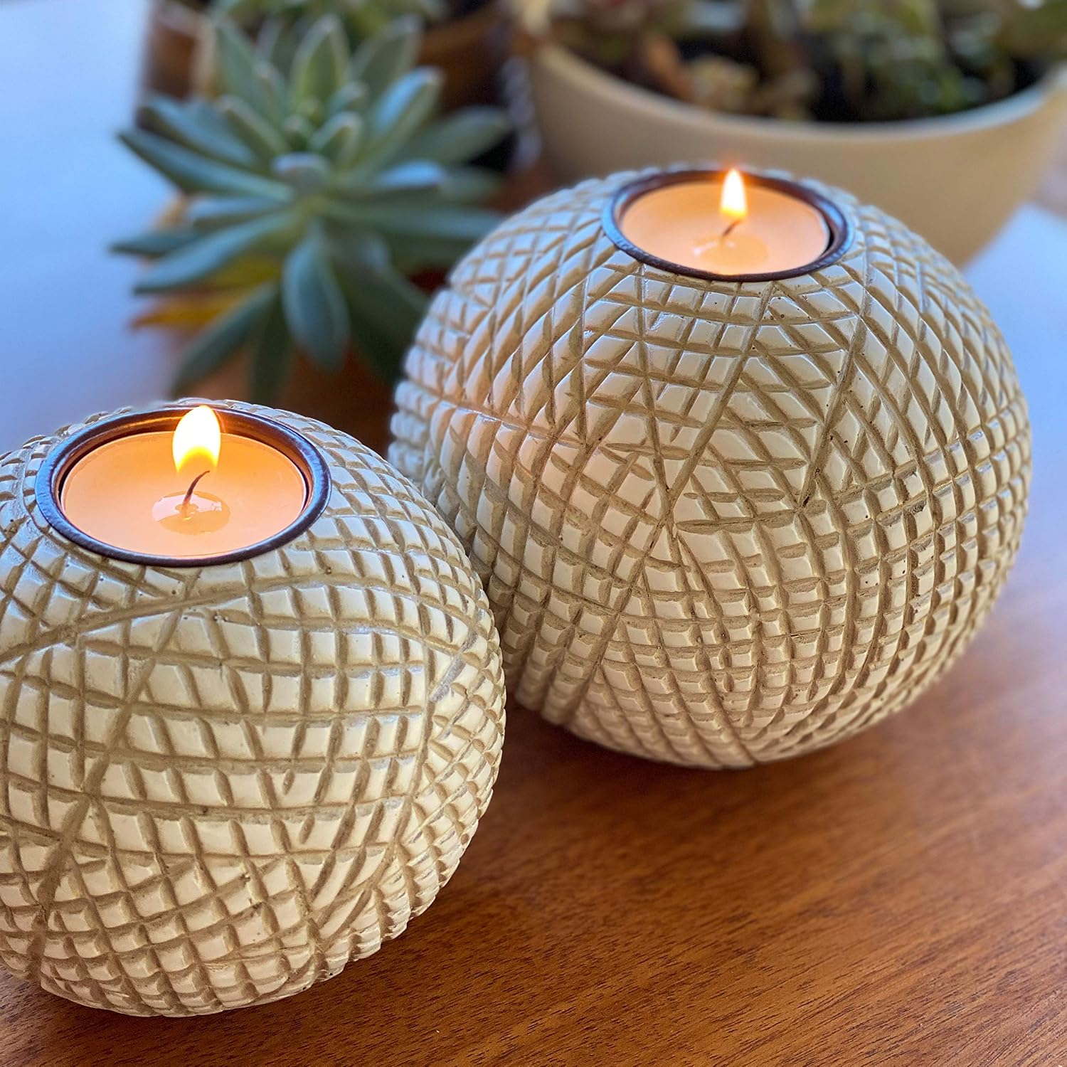 Luca Beige Orb Tea Light Candle Holders, Gift Boxed Set of 2 | Beige and white grid-pattern orbs for coffee table, console, entryway, mantel, dining centerpiece; coastal, modern, farmhouse